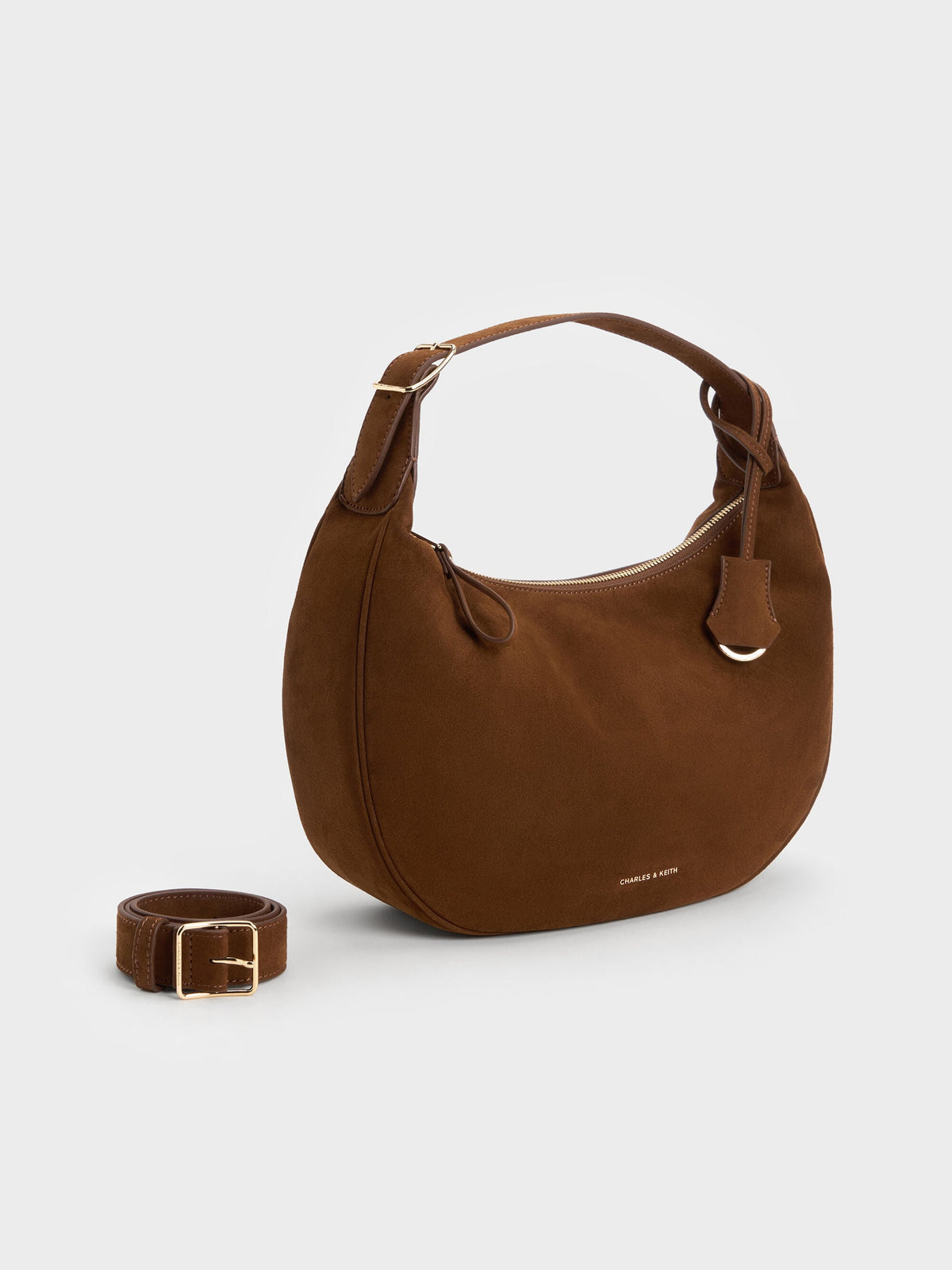 Large Vega Faux Suede Hobo Bag - Pecan Brown | CHARLES & KEITH