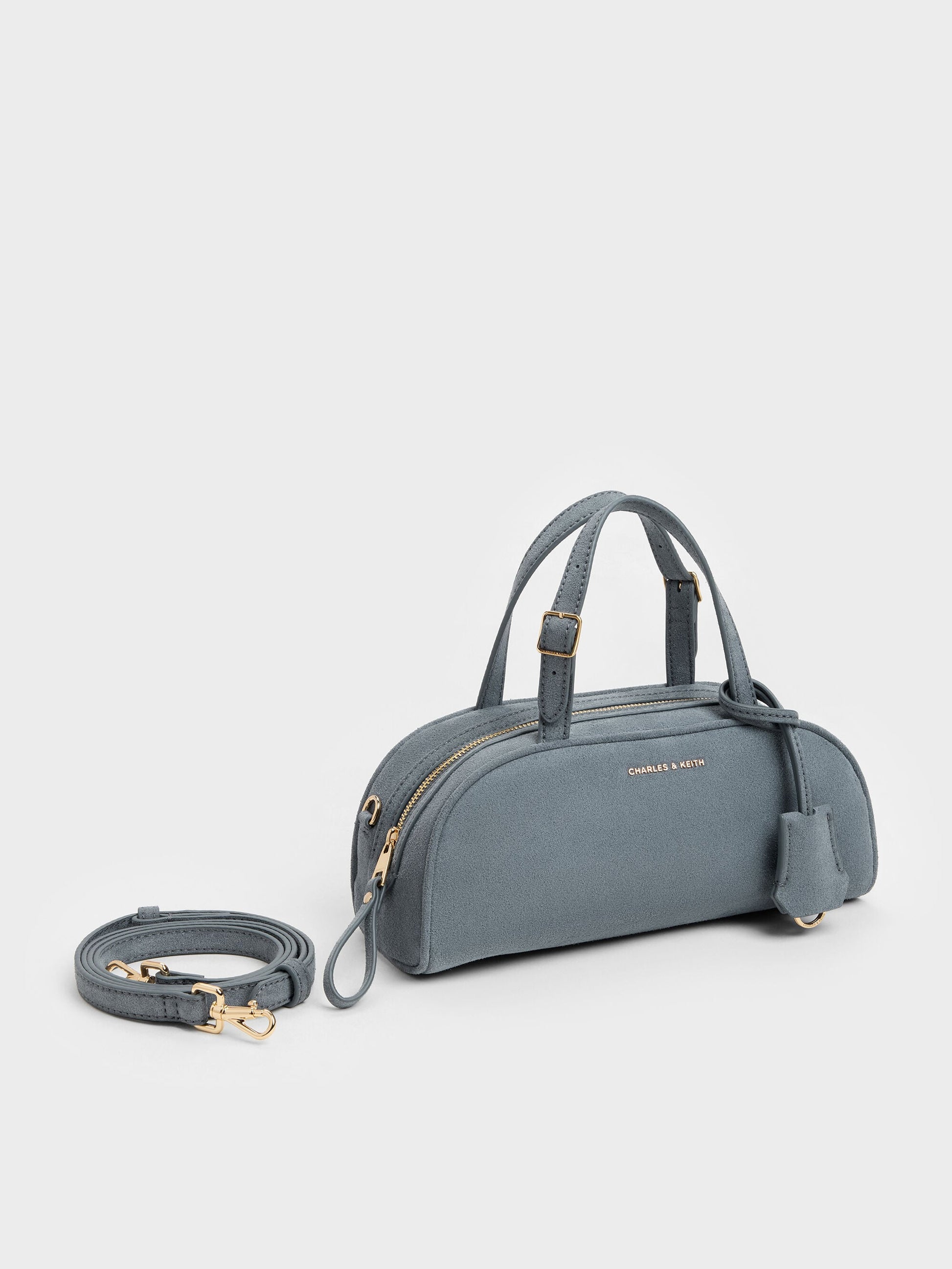 Vega Faux Suede Elongated Bowling Bag - Smoky Blue | CHARLES & KEITH