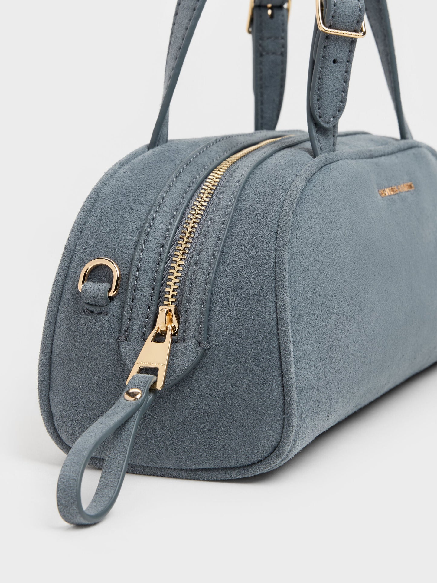 Vega Faux Suede Elongated Bowling Bag - Smoky Blue | CHARLES & KEITH