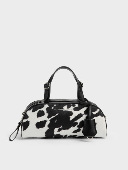 Vega Furry Cow-Print Elongated Bowling Bag - Multi | CHARLES & KEITH