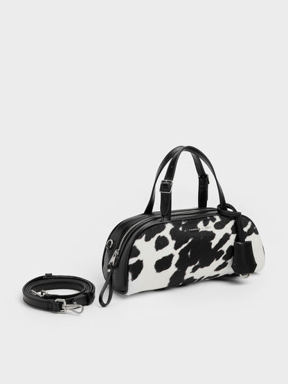 Vega Furry Cow-Print Elongated Bowling Bag - Multi | CHARLES & KEITH