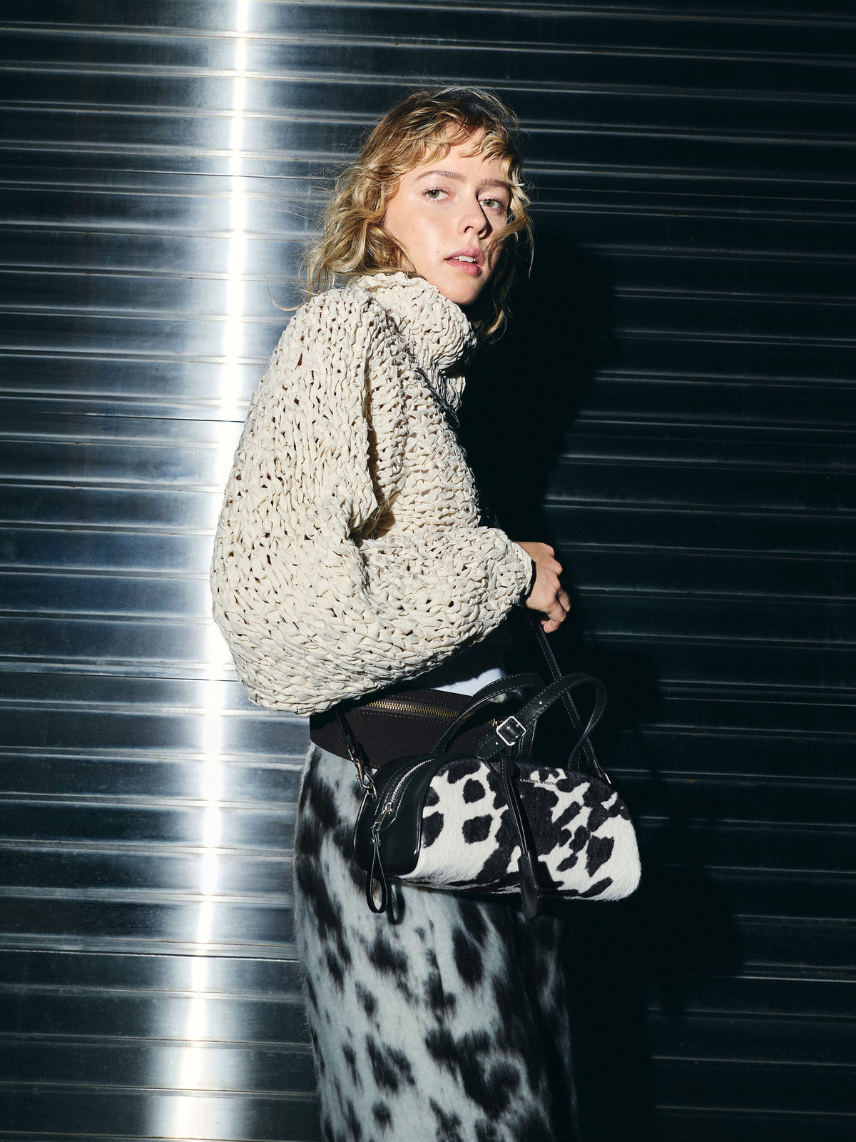Vega Furry Cow-Print Elongated Bowling Bag - Multi | CHARLES & KEITH