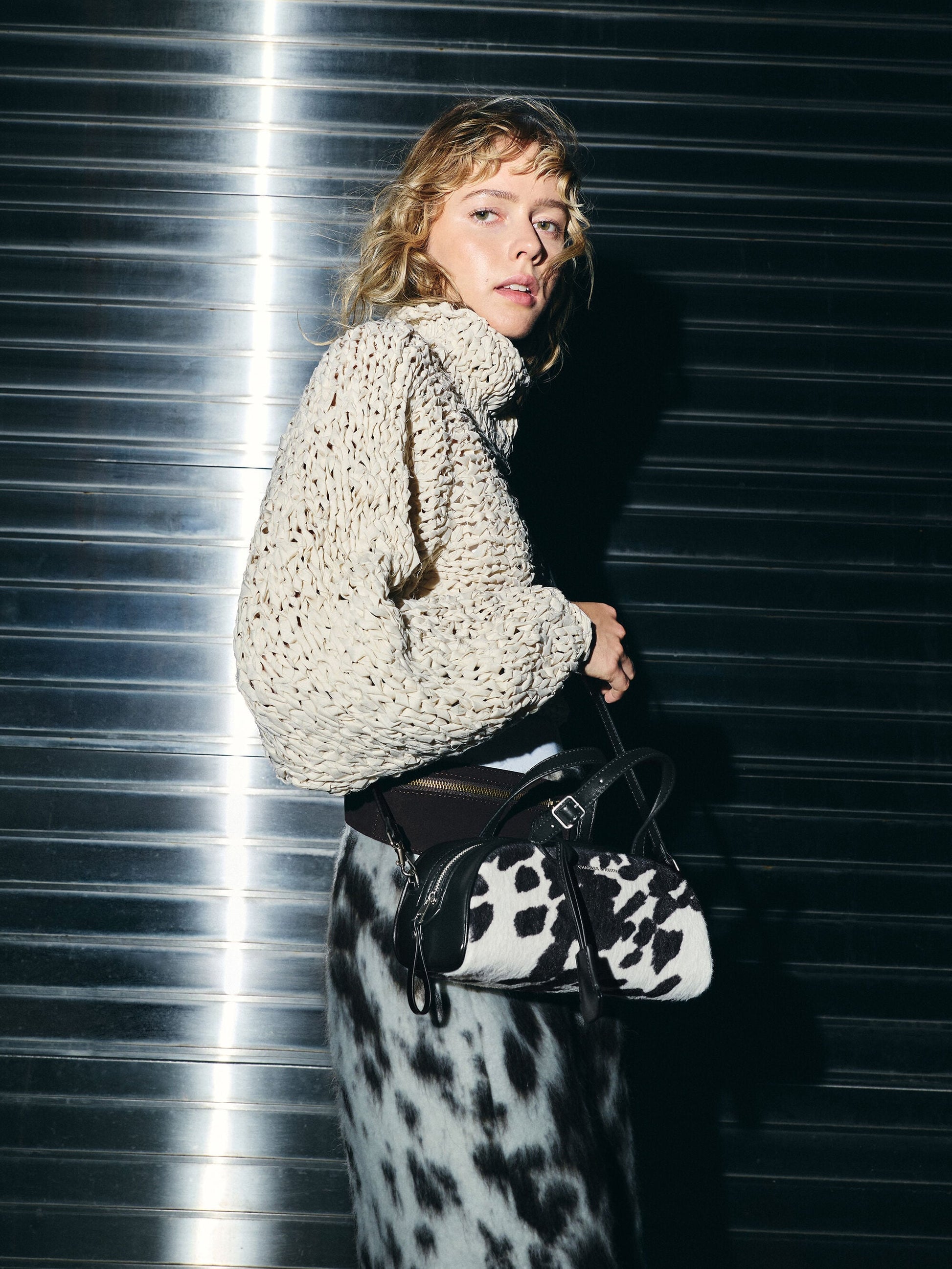 Vega Furry Cow-Print Elongated Bowling Bag - Multi | CHARLES & KEITH