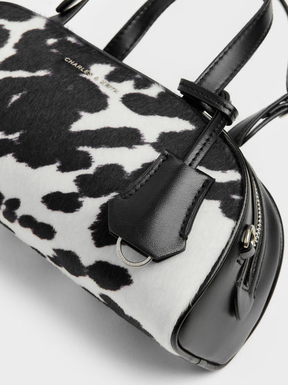 Vega Furry Cow-Print Elongated Bowling Bag - Multi | CHARLES & KEITH