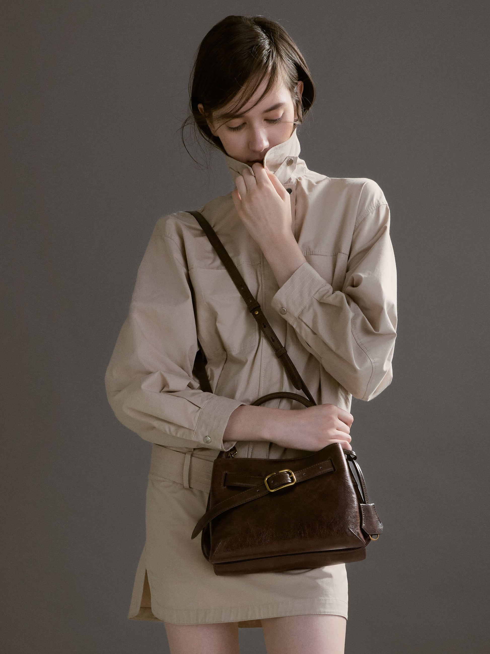 Victoria Belted Top Handle Bag - Distressed Coffee | CHARLES & KEITH