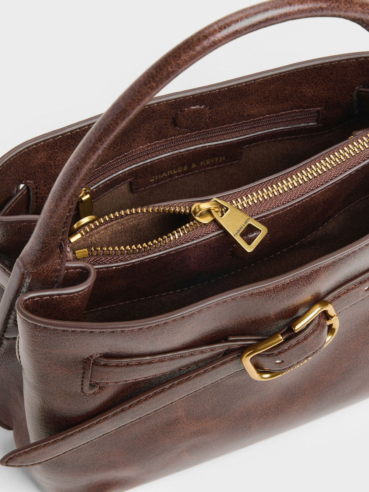 Victoria Belted Top Handle Bag - Distressed Coffee | CHARLES & KEITH