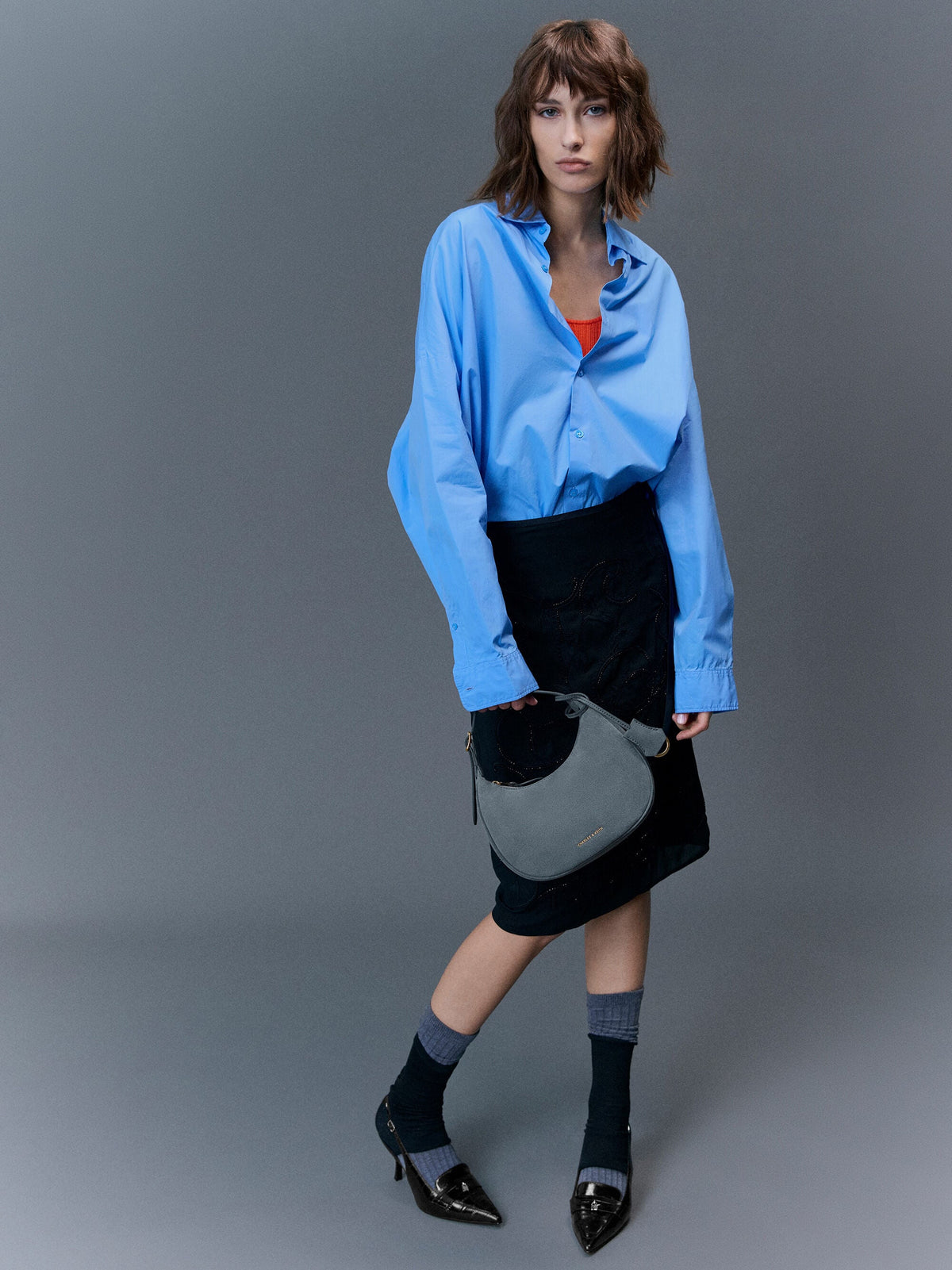 Vega Faux Suede Hobo Bag - Smoky Blue | CHARLES & KEITH