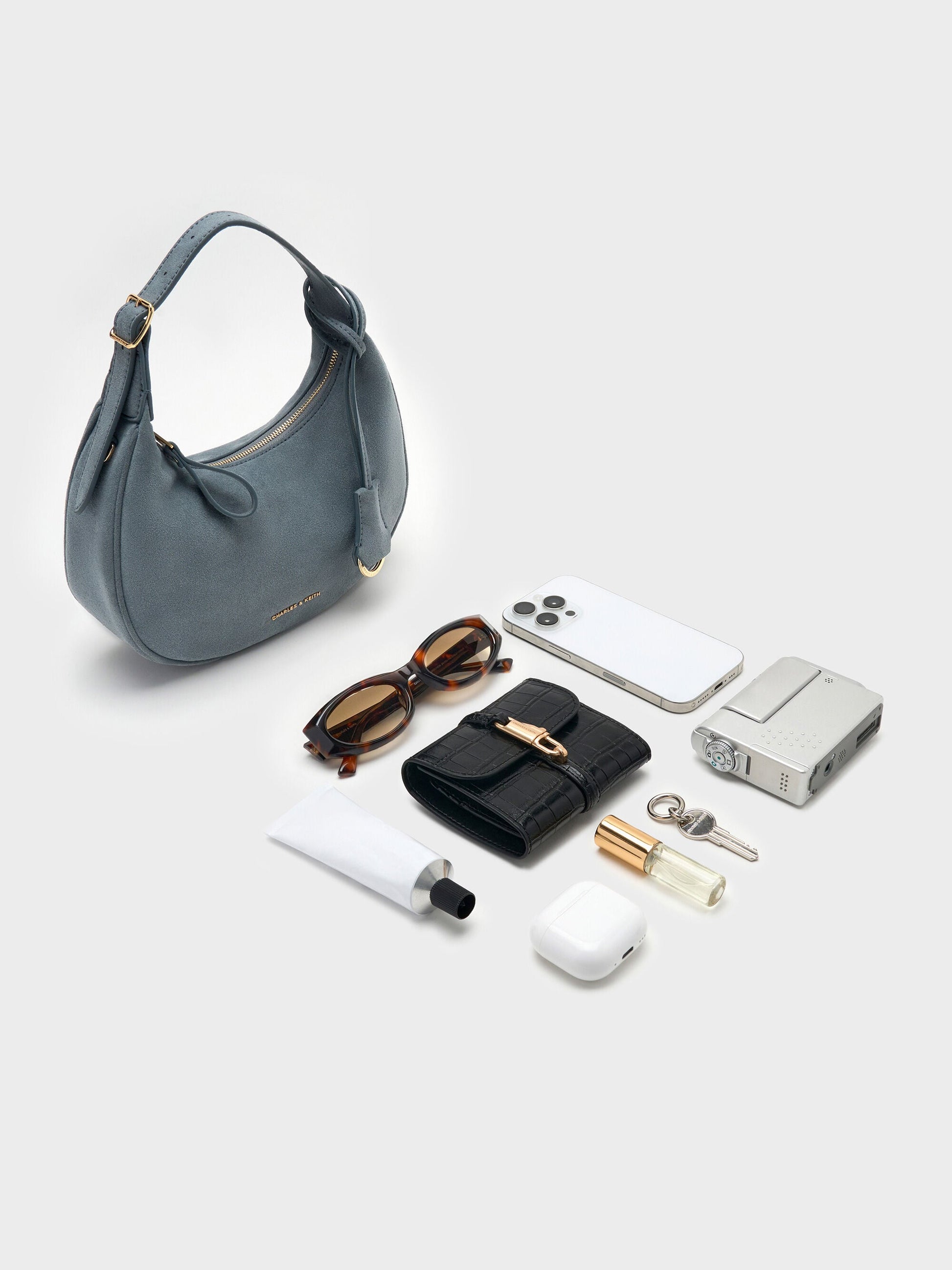 Vega Faux Suede Hobo Bag - Smoky Blue | CHARLES & KEITH