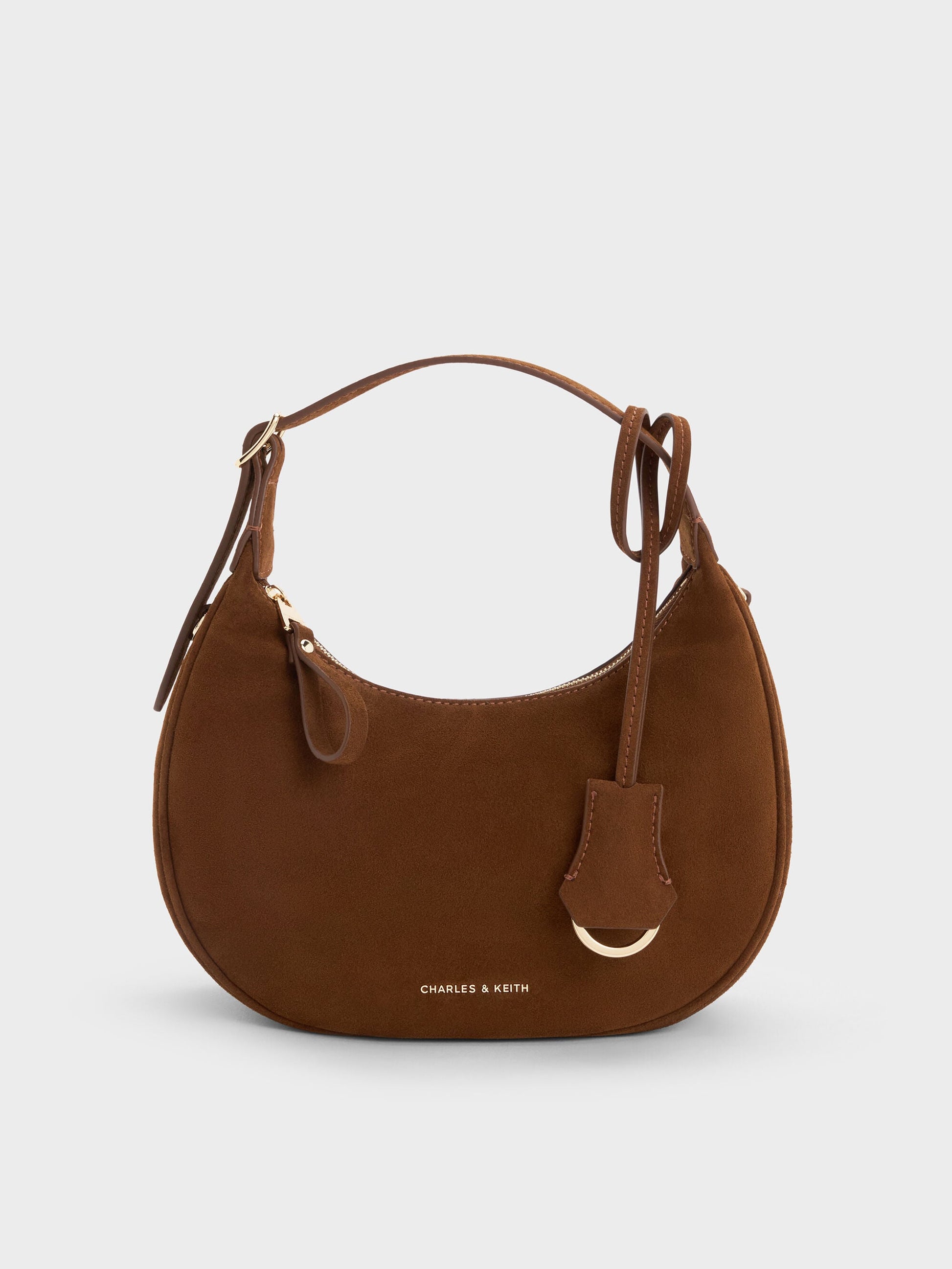 Vega Faux Suede Hobo Bag - Pecan Brown | CHARLES & KEITH
