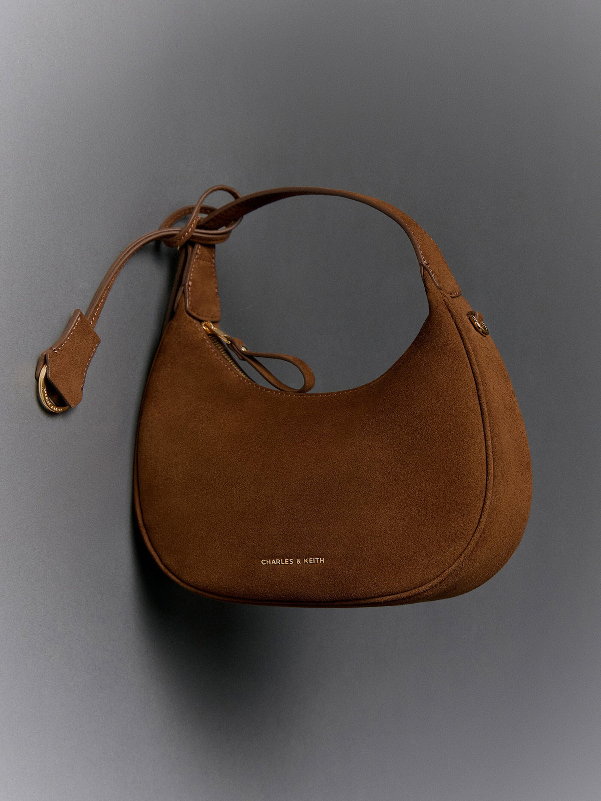 Vega Faux Suede Hobo Bag - Pecan Brown | CHARLES & KEITH