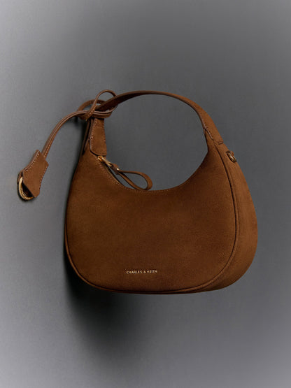 Vega Faux Suede Hobo Bag - Pecan Brown | CHARLES & KEITH