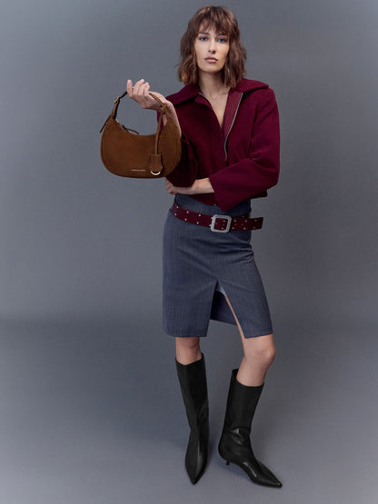 Vega Faux Suede Hobo Bag - Pecan Brown | CHARLES & KEITH