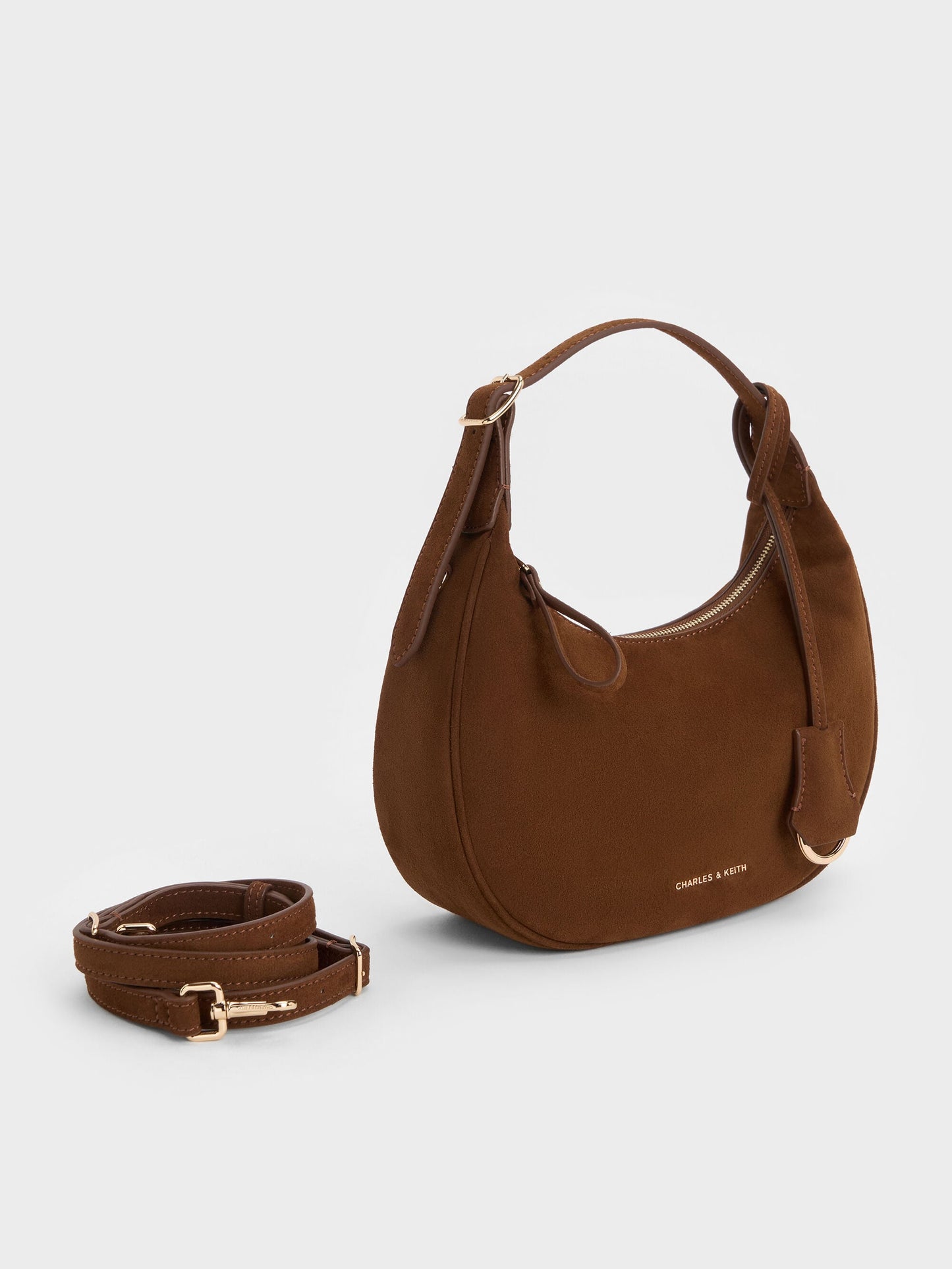Vega Faux Suede Hobo Bag - Pecan Brown | CHARLES & KEITH