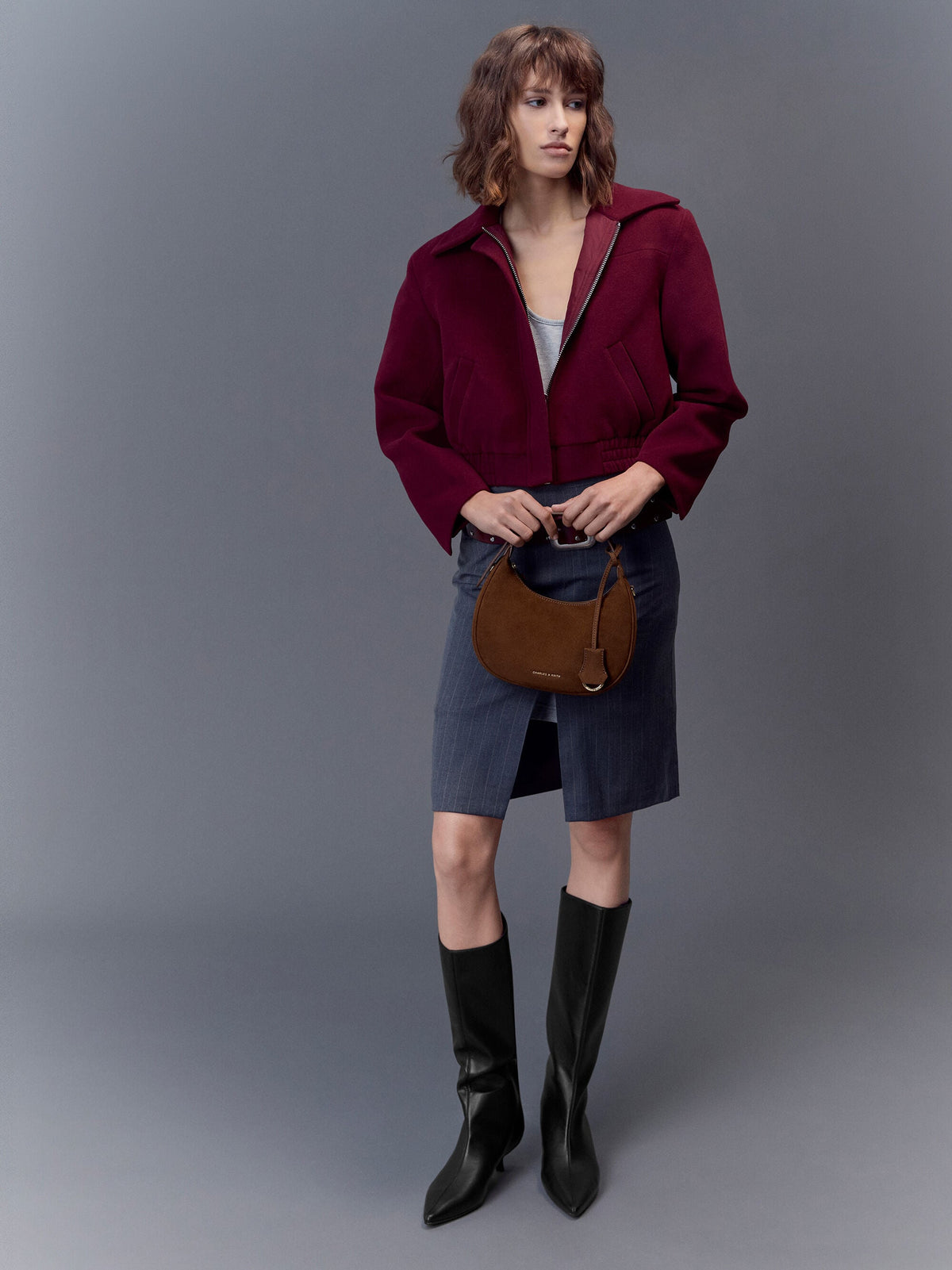 Vega Faux Suede Hobo Bag - Pecan Brown | CHARLES & KEITH