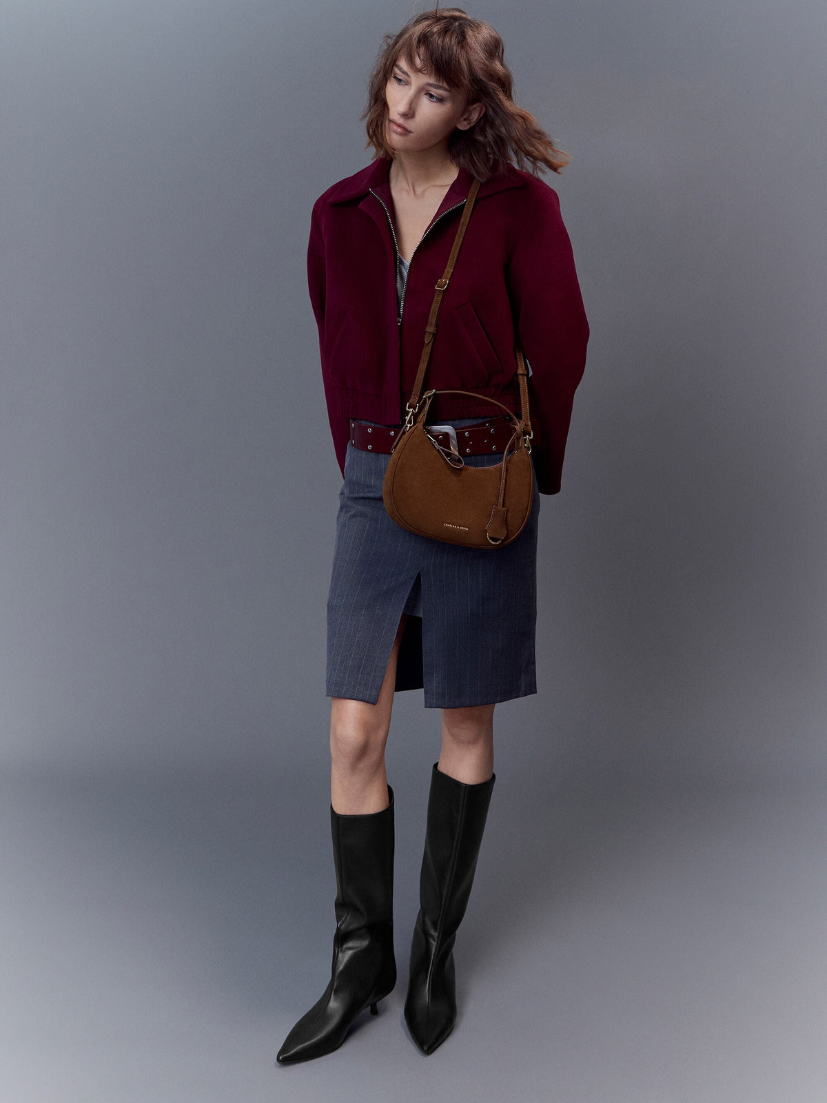 Vega Faux Suede Hobo Bag - Pecan Brown | CHARLES & KEITH