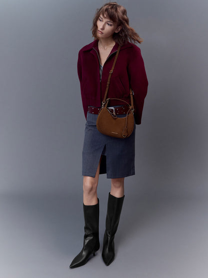 Vega Faux Suede Hobo Bag - Pecan Brown | CHARLES & KEITH