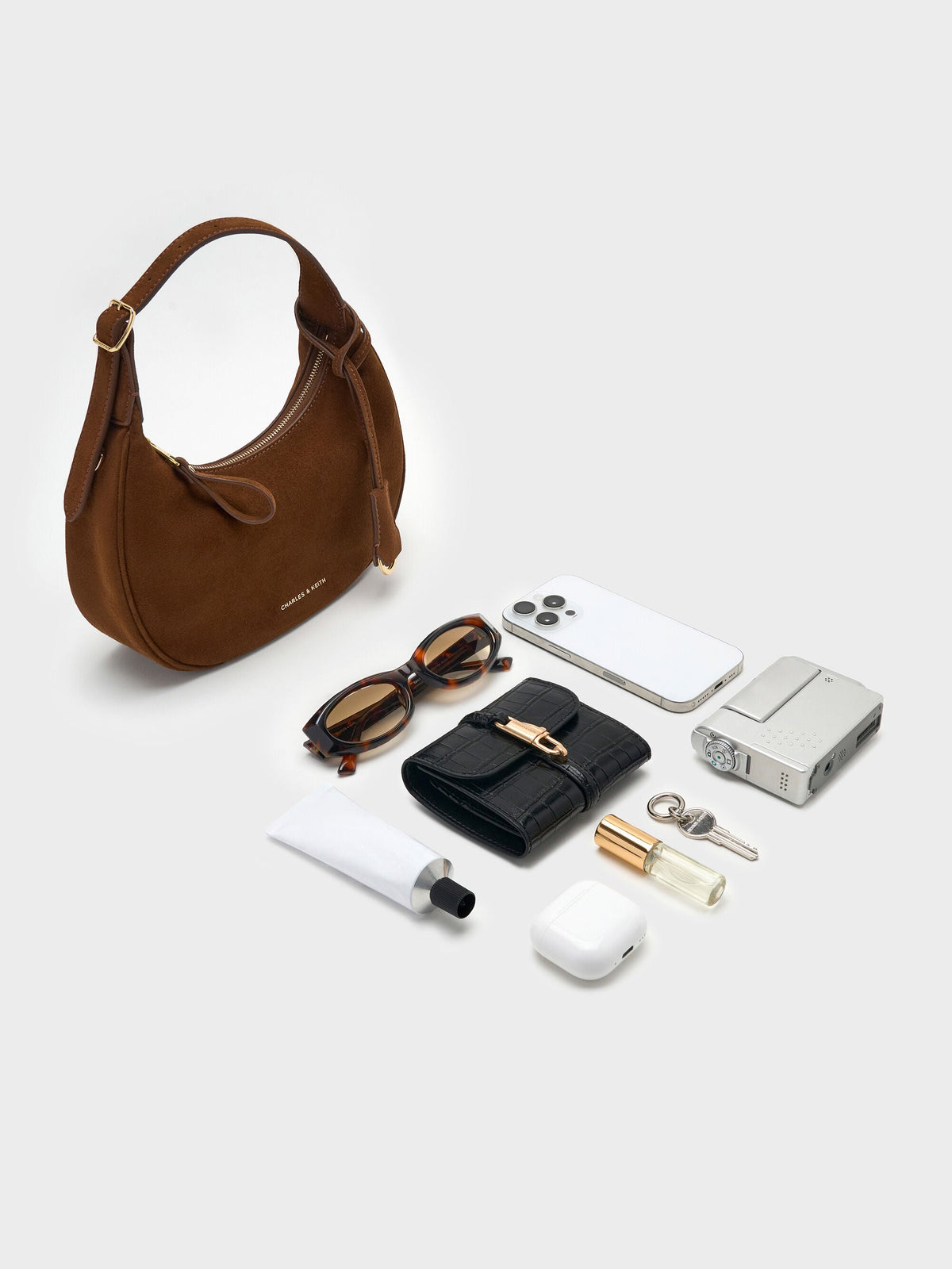 Vega Faux Suede Hobo Bag - Pecan Brown | CHARLES & KEITH
