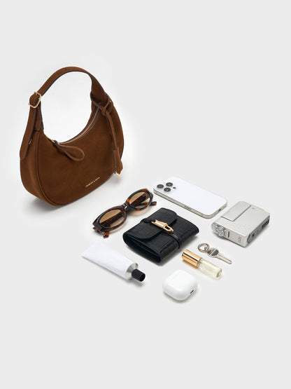 Vega Faux Suede Hobo Bag - Pecan Brown | CHARLES & KEITH