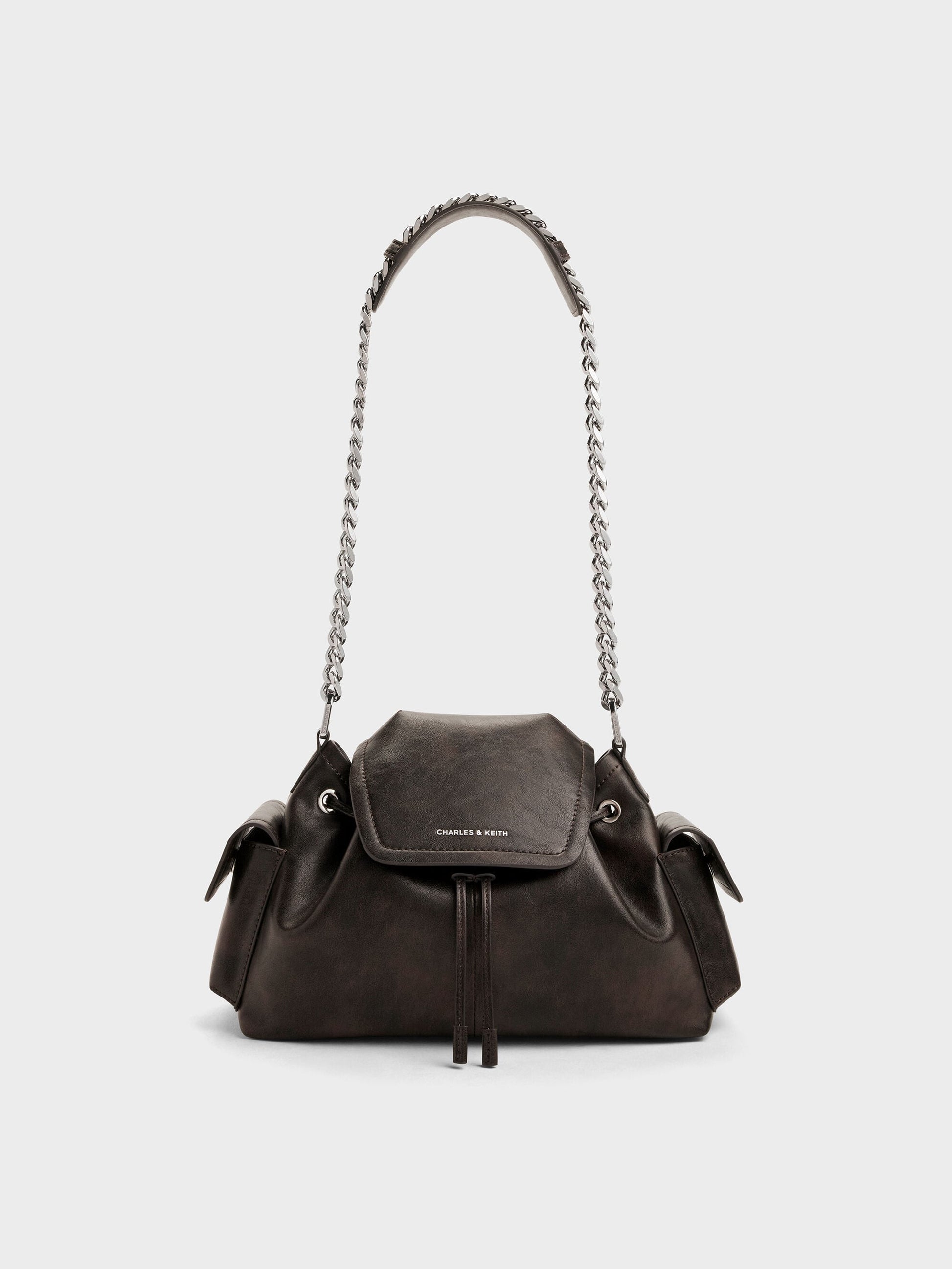 Noane Side-Pocket Two-Way Bucket Bag - Dark Brown | CHARLES & KEITH