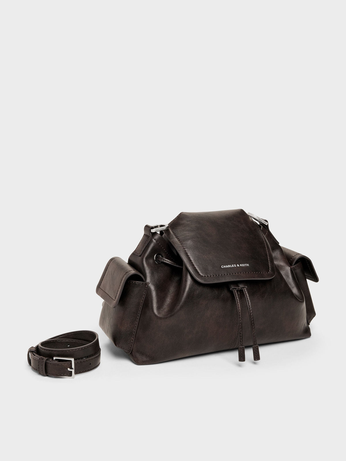 Noane Side-Pocket Two-Way Bucket Bag - Dark Brown | CHARLES & KEITH