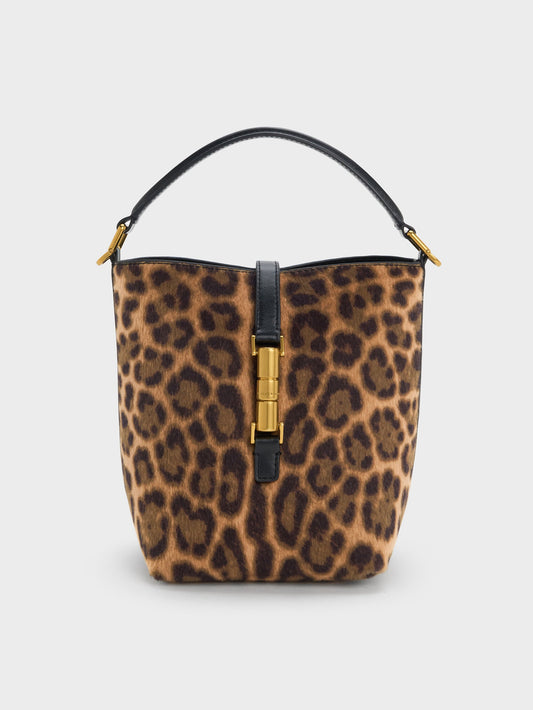 Cesia Leopard-Print Metallic-Accent Bucket Bag - Multi | CHARLES & KEITH