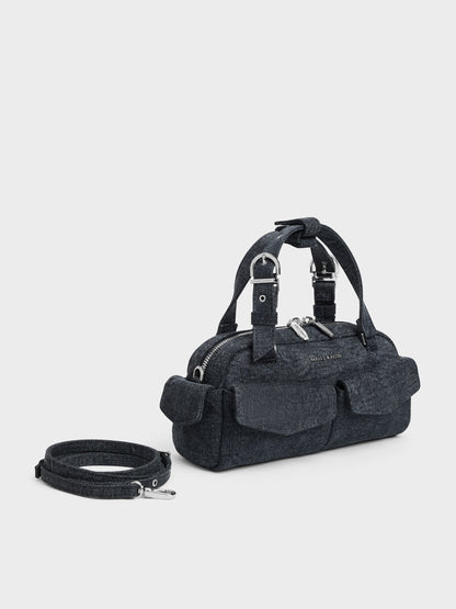 Rachel Denim Multi-Pocket Bowling Bag - Denim Blue | CHARLES & KEITH