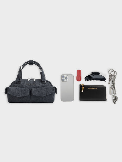 Rachel Denim Multi-Pocket Bowling Bag - Denim Blue | CHARLES & KEITH