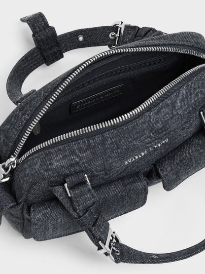Rachel Denim Multi-Pocket Bowling Bag - Denim Blue | CHARLES & KEITH