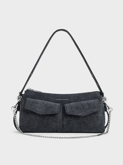 Rachel Denim Front-Pocket Chain Shoulder Bag - Denim Blue | CHARLES & KEITH