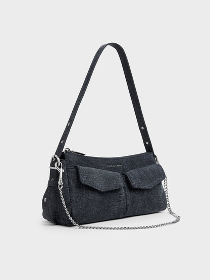 Rachel Denim Front-Pocket Chain Shoulder Bag - Denim Blue | CHARLES & KEITH