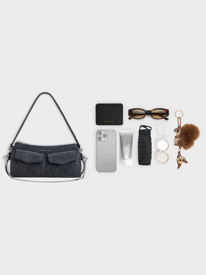 Rachel Denim Front-Pocket Chain Shoulder Bag - Denim Blue | CHARLES & KEITH