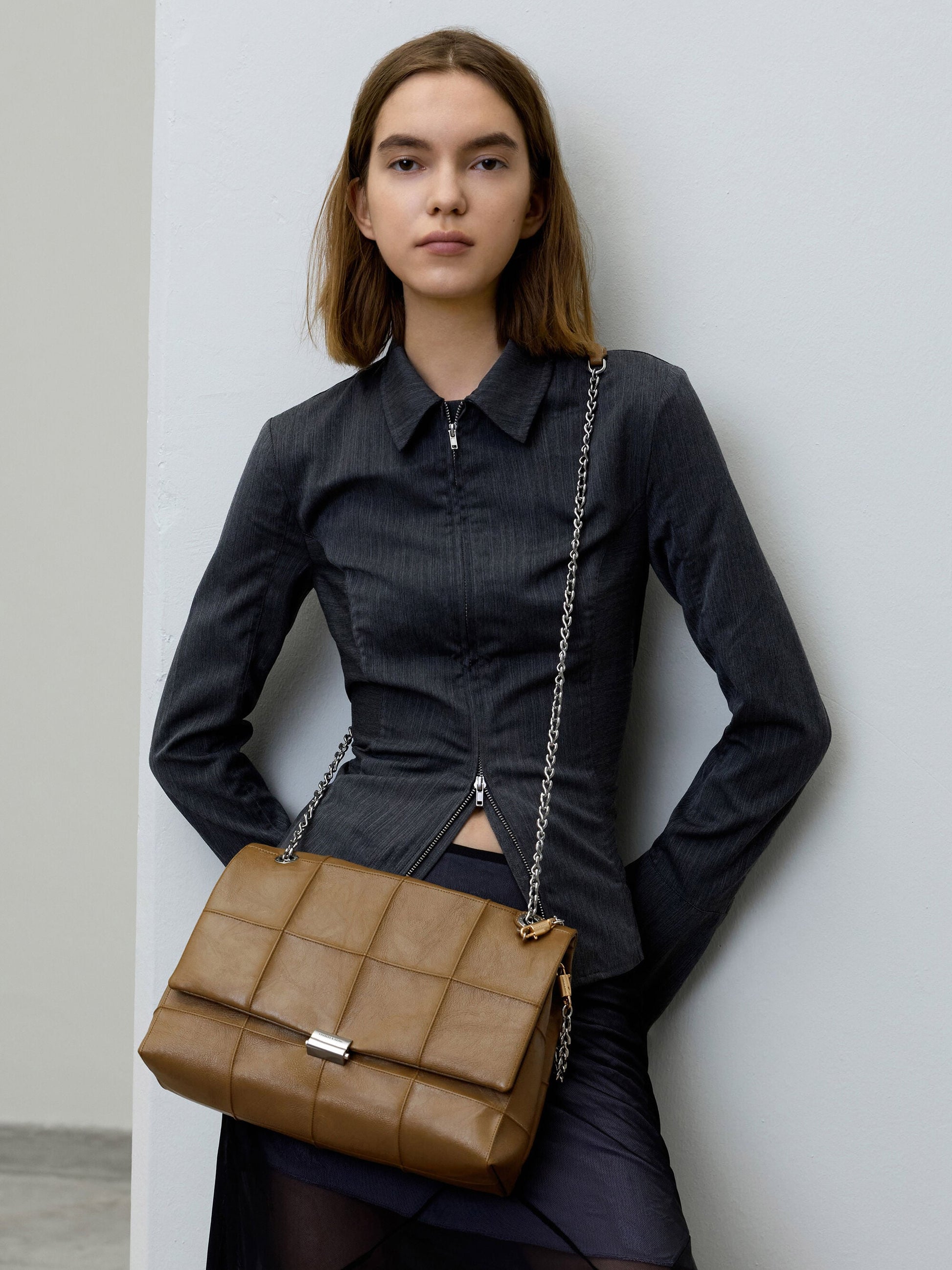 Large Delfina Quilted Chain-Strap Shoulder Bag - Walnut Brown | CHARLES & KEITH