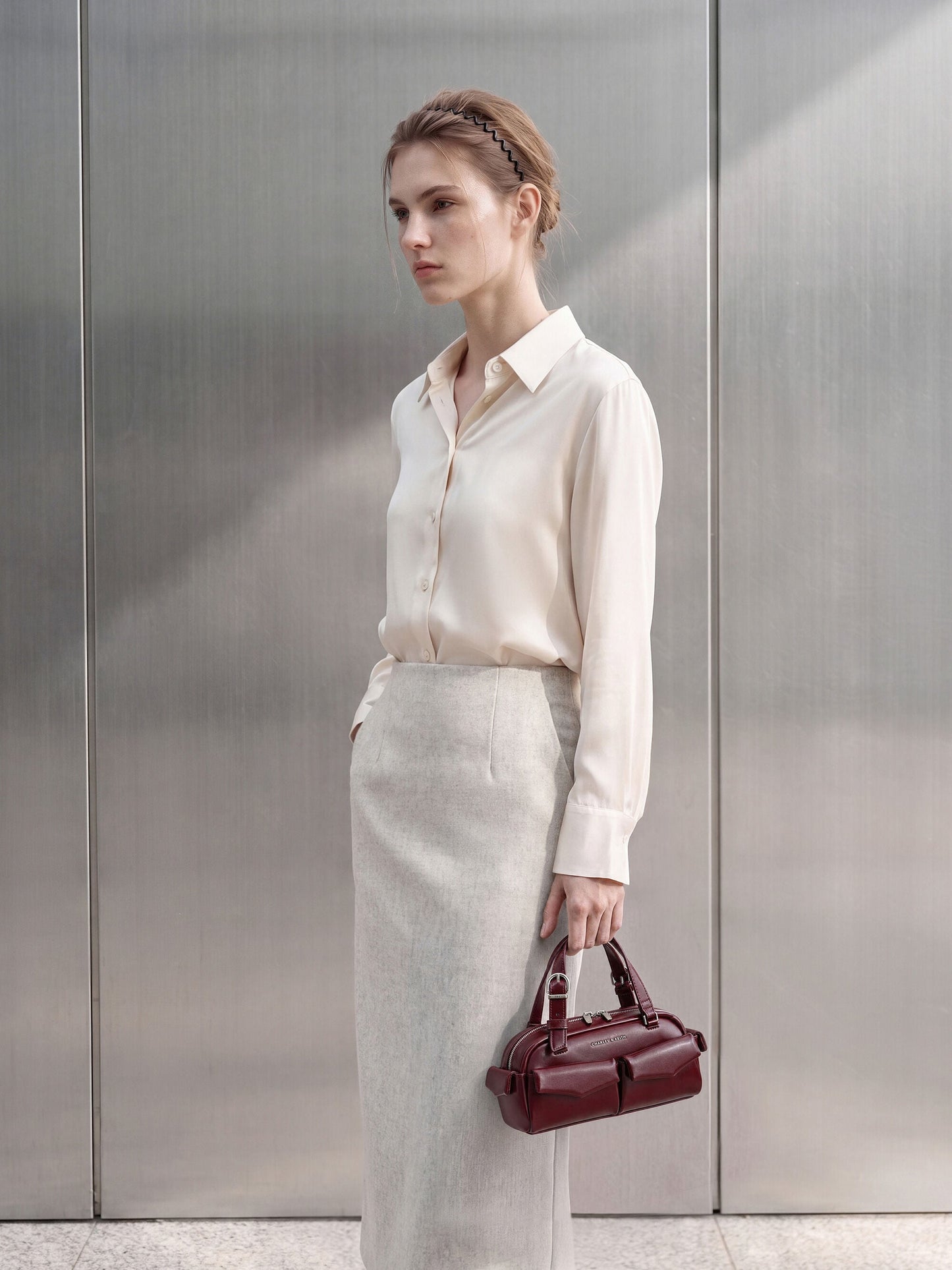 Rachel Multi-Pocket Bowling Bag - Burgundy | CHARLES & KEITH