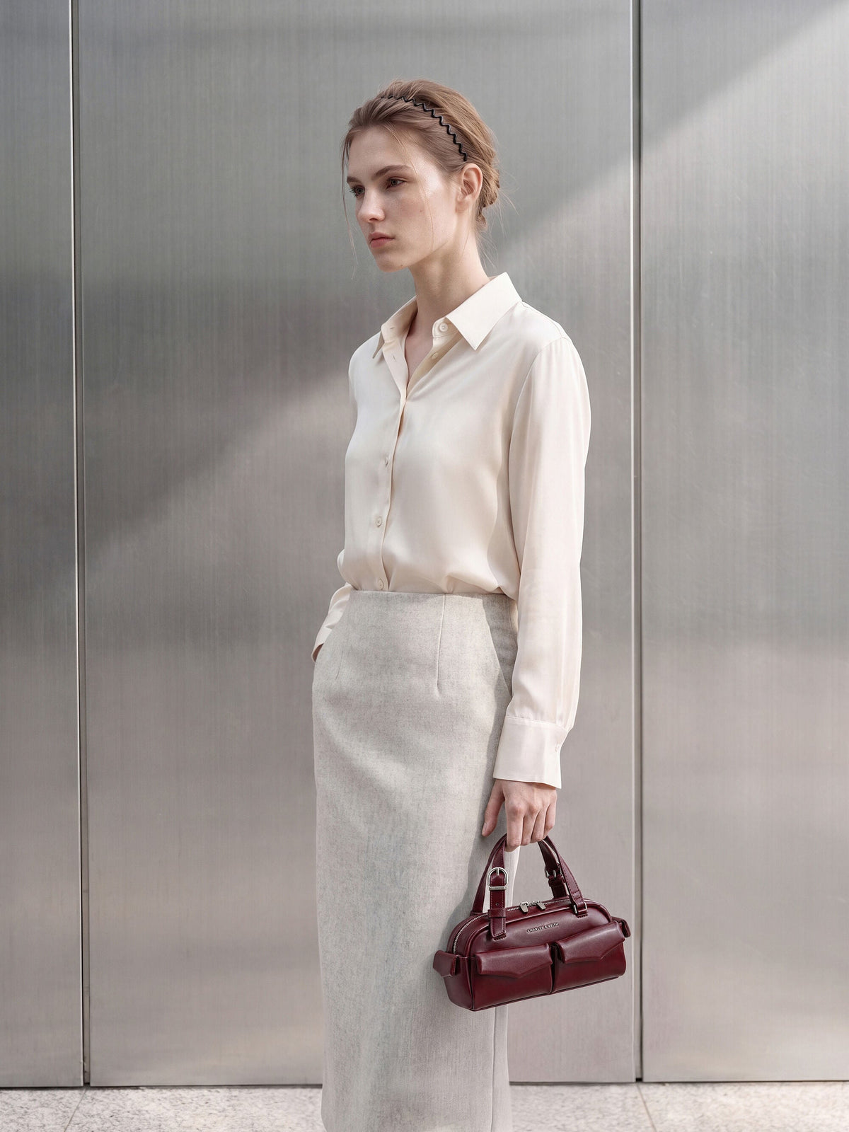 Rachel Multi-Pocket Bowling Bag - Burgundy | CHARLES & KEITH