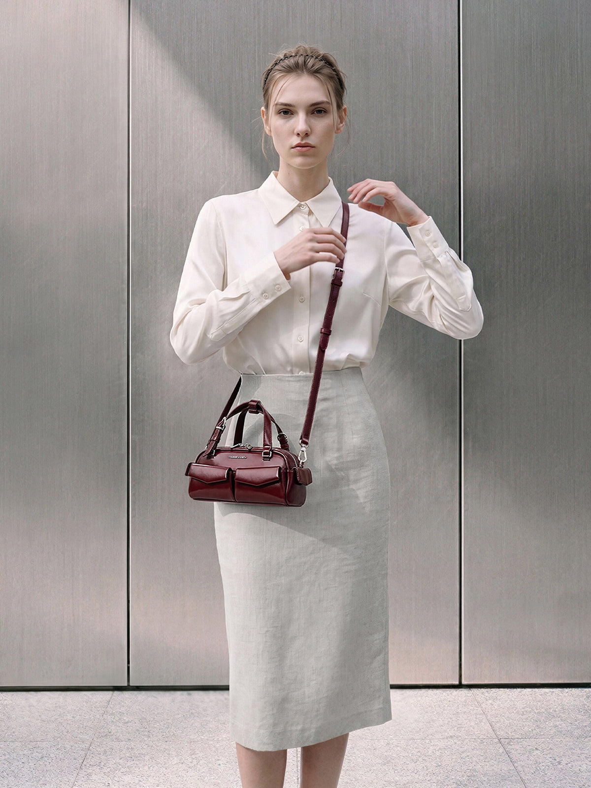Rachel Multi-Pocket Bowling Bag - Burgundy | CHARLES & KEITH