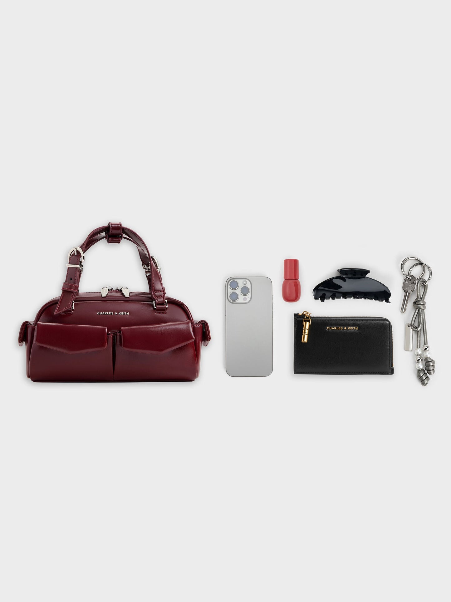 Rachel Multi-Pocket Bowling Bag - Burgundy | CHARLES & KEITH