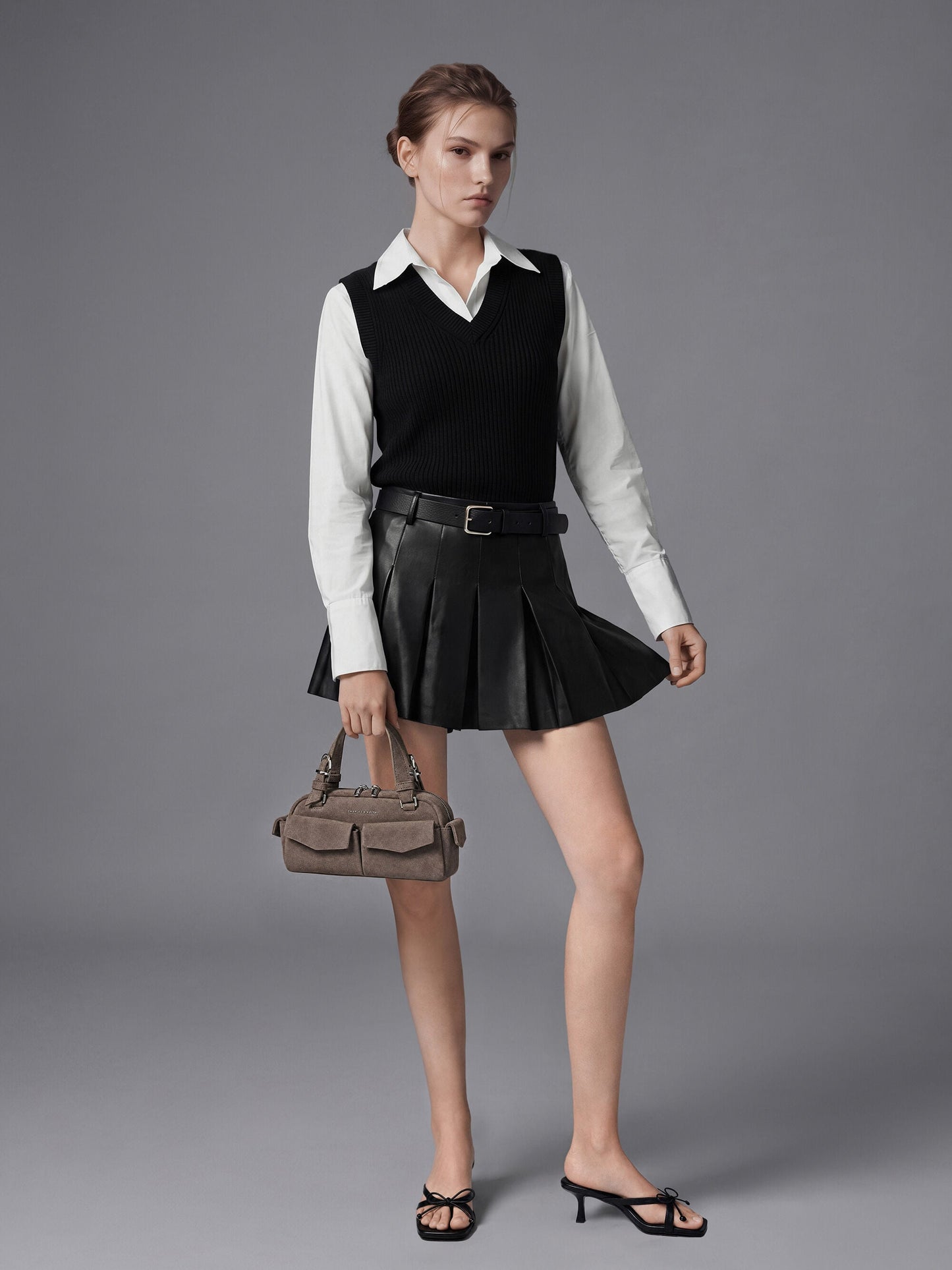 Rachel Multi-Pocket Bowling Bag - Stone Grey | CHARLES & KEITH