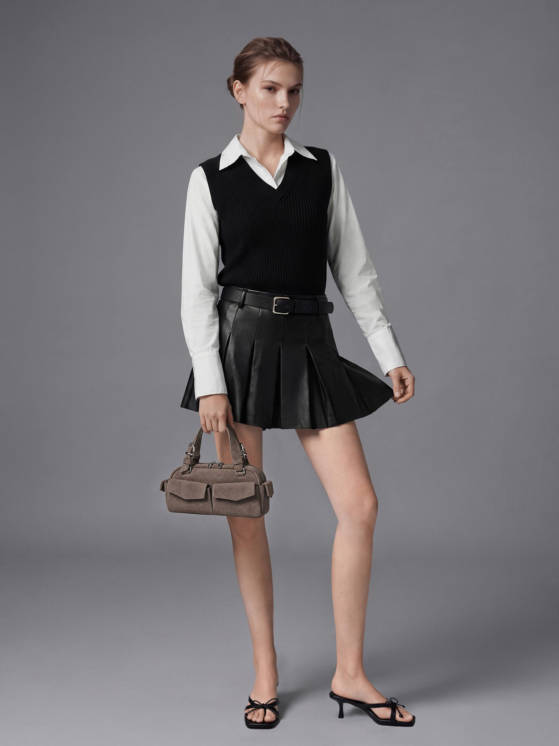 Rachel Multi-Pocket Bowling Bag - Stone Grey | CHARLES & KEITH