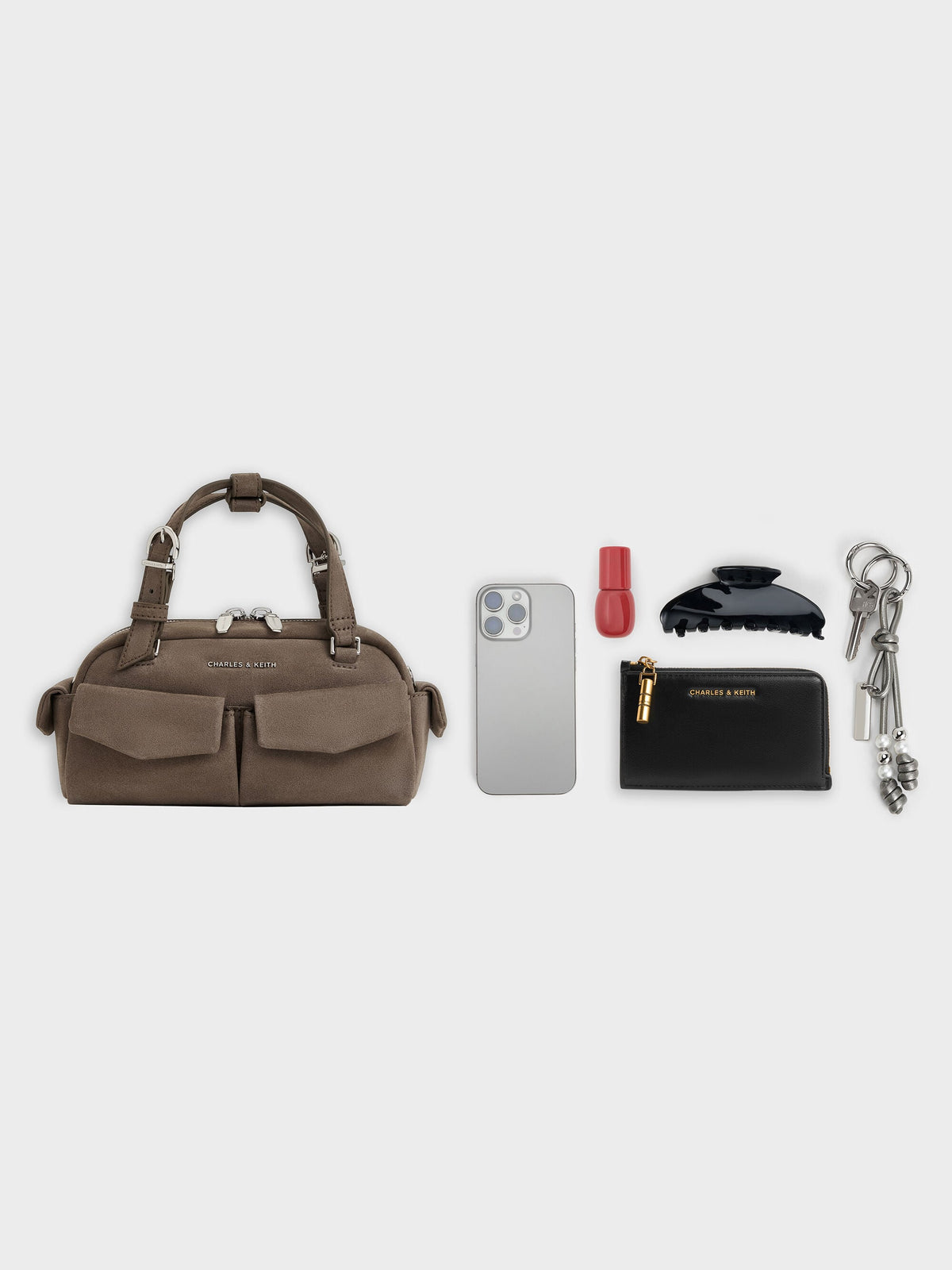 Rachel Multi-Pocket Bowling Bag - Stone Grey | CHARLES & KEITH