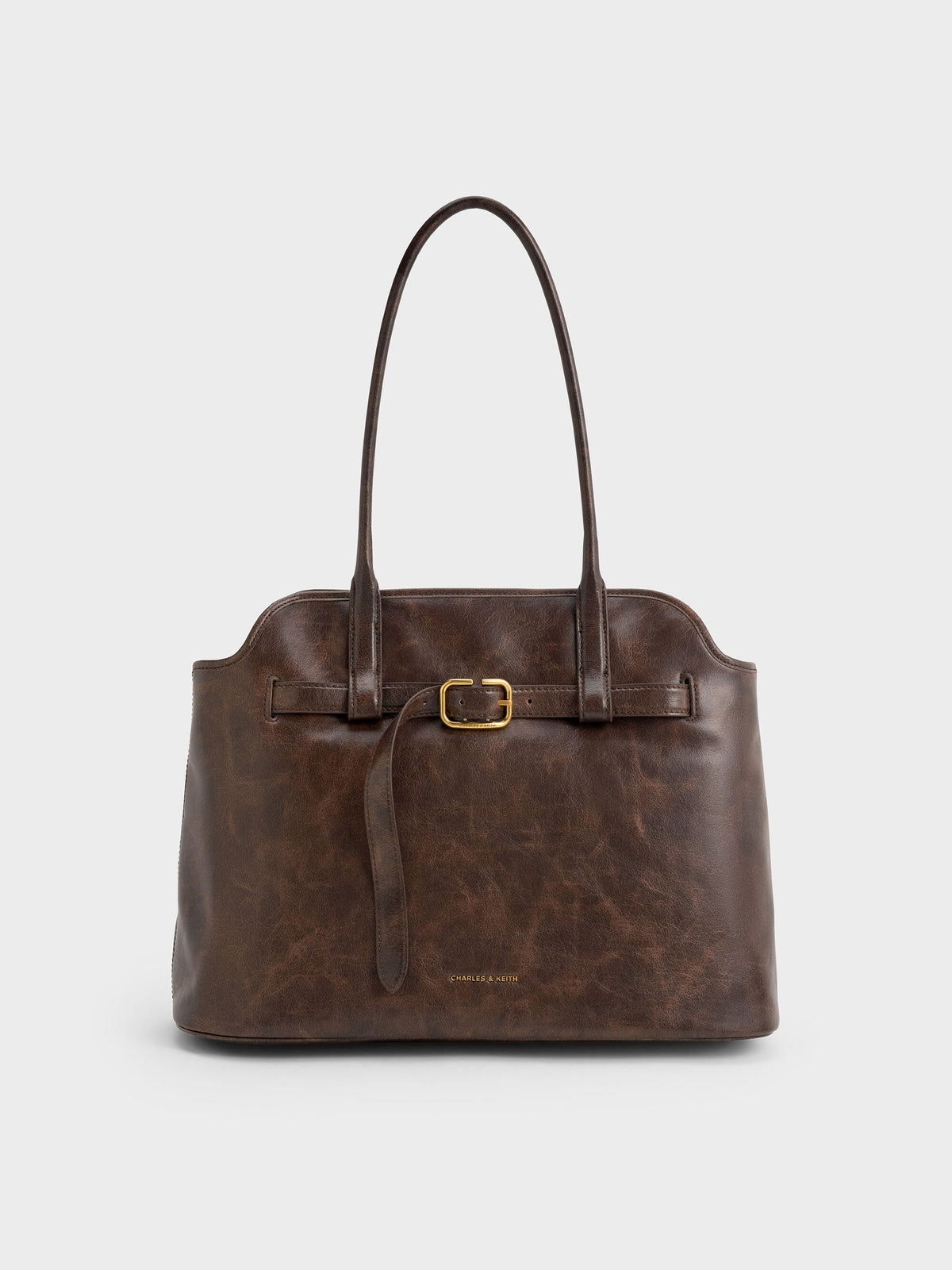 Victoria Belted Tote Bag - Distressed Coffee | CHARLES & KEITH