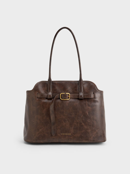 Victoria Belted Tote Bag - Distressed Coffee | CHARLES & KEITH