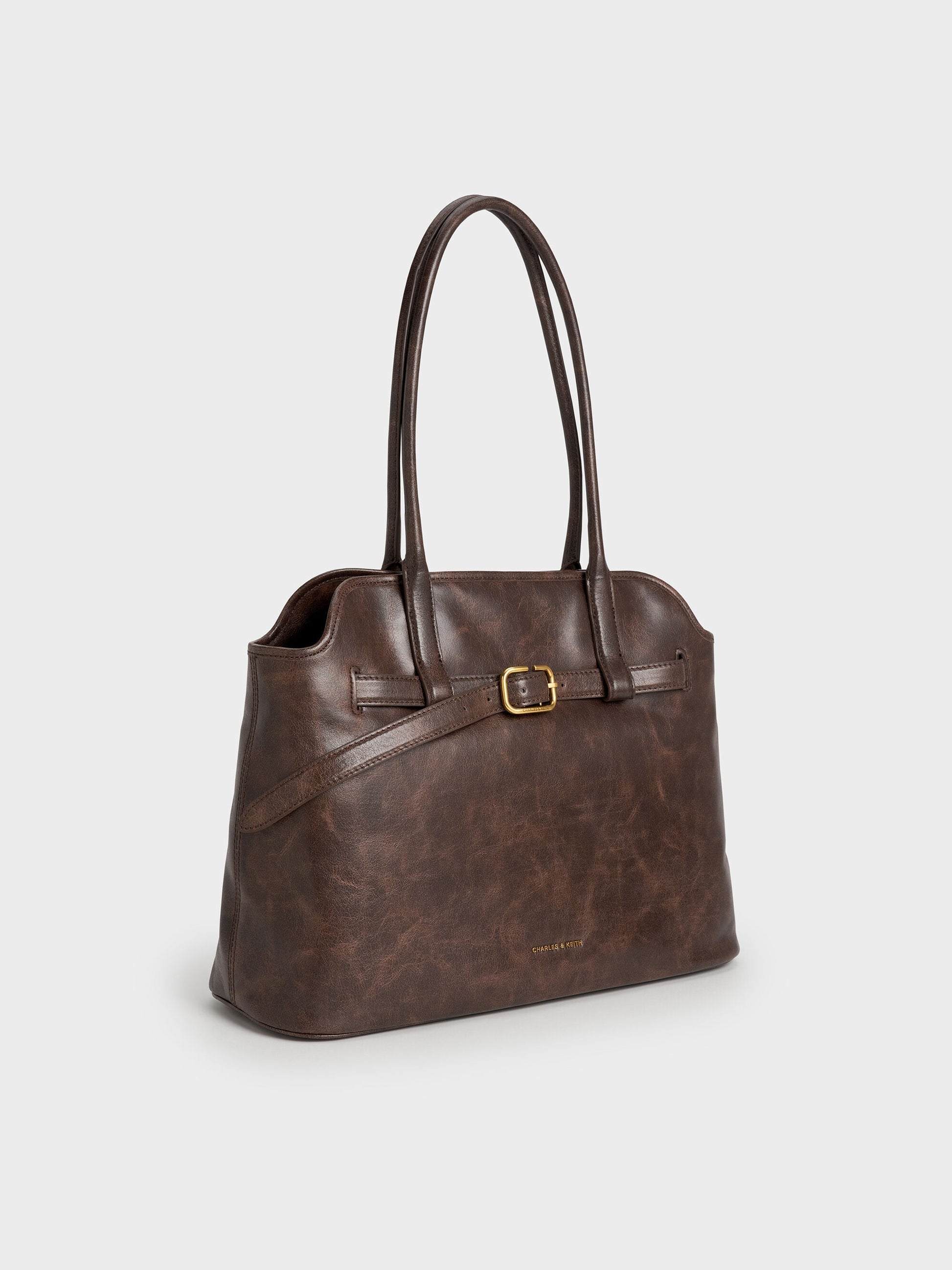 Victoria Belted Tote Bag - Distressed Coffee | CHARLES & KEITH