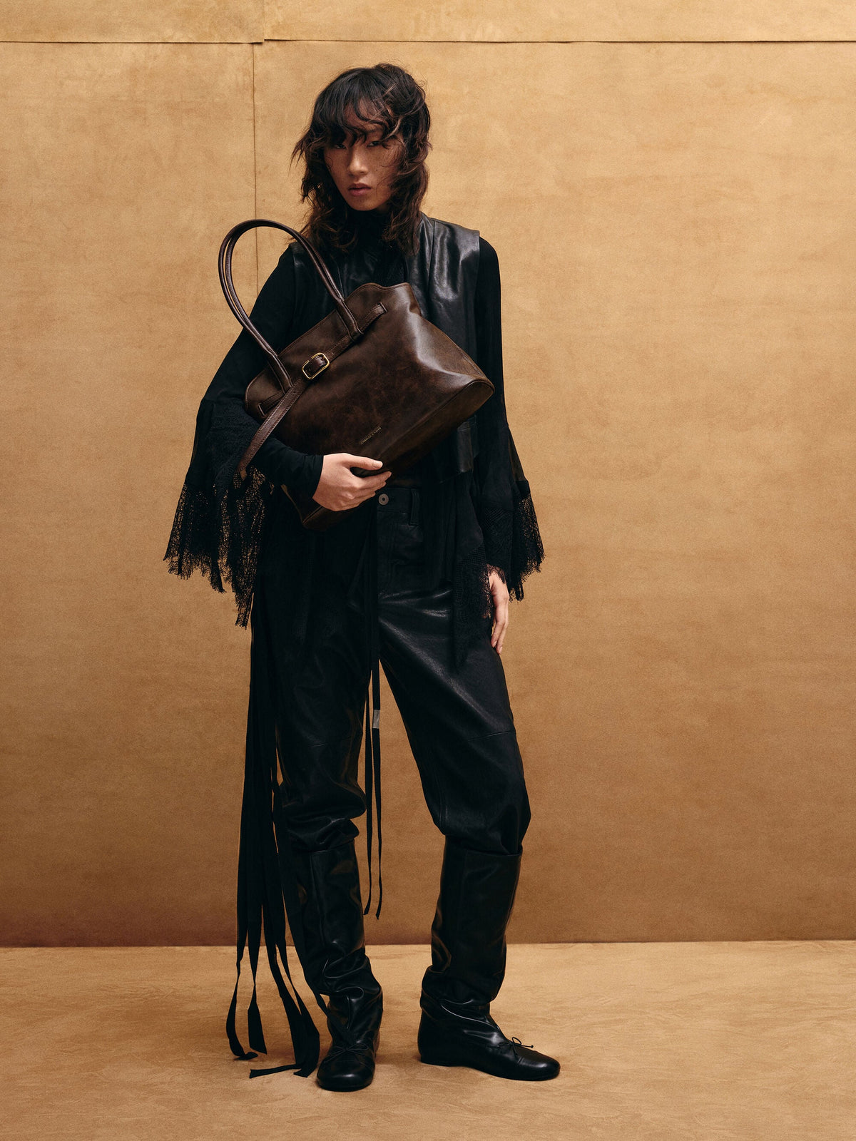 Victoria Belted Tote Bag - Distressed Coffee | CHARLES & KEITH