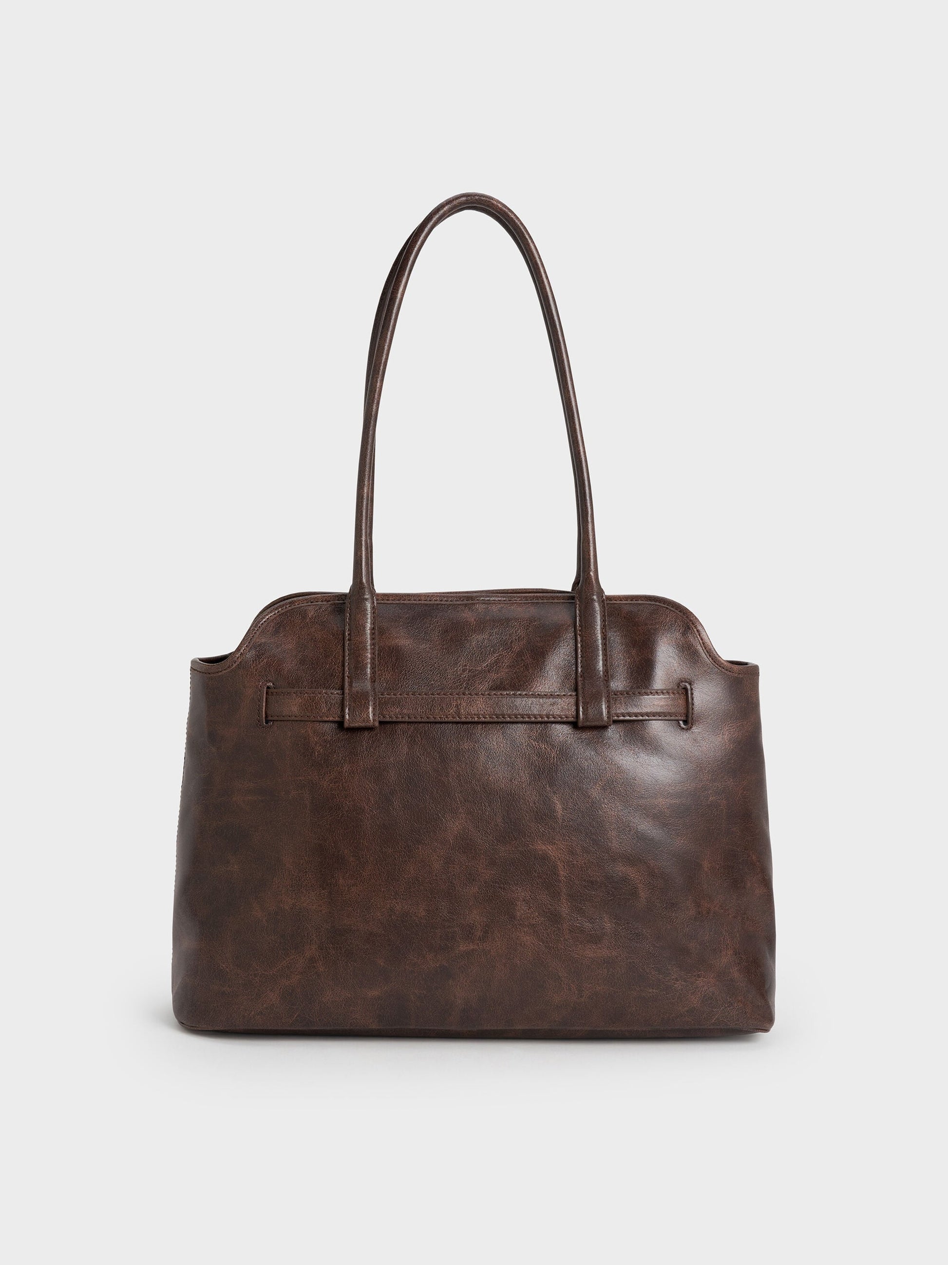 Victoria Belted Tote Bag - Distressed Coffee | CHARLES & KEITH