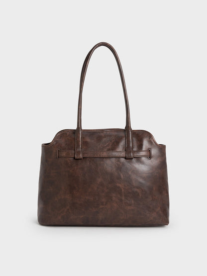 Victoria Belted Tote Bag - Distressed Coffee | CHARLES & KEITH