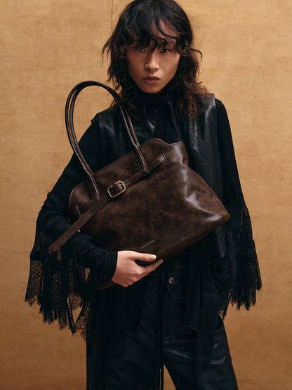 Victoria Belted Tote Bag - Distressed Coffee | CHARLES & KEITH