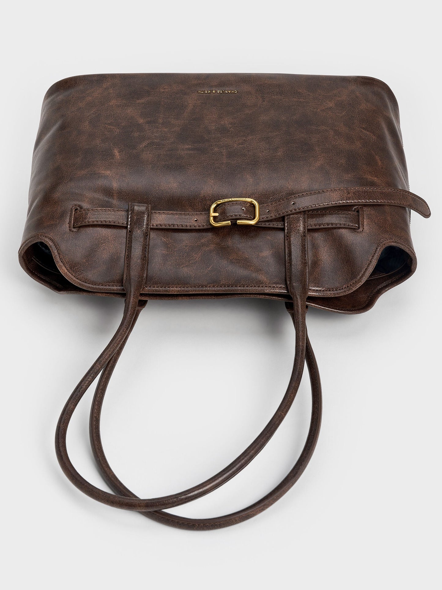 Victoria Belted Tote Bag - Distressed Coffee | CHARLES & KEITH
