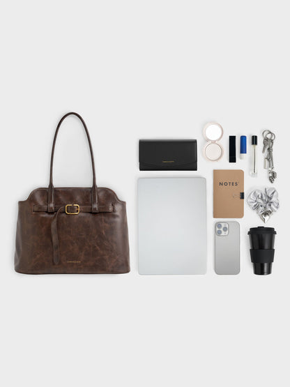 Victoria Belted Tote Bag - Distressed Coffee | CHARLES & KEITH