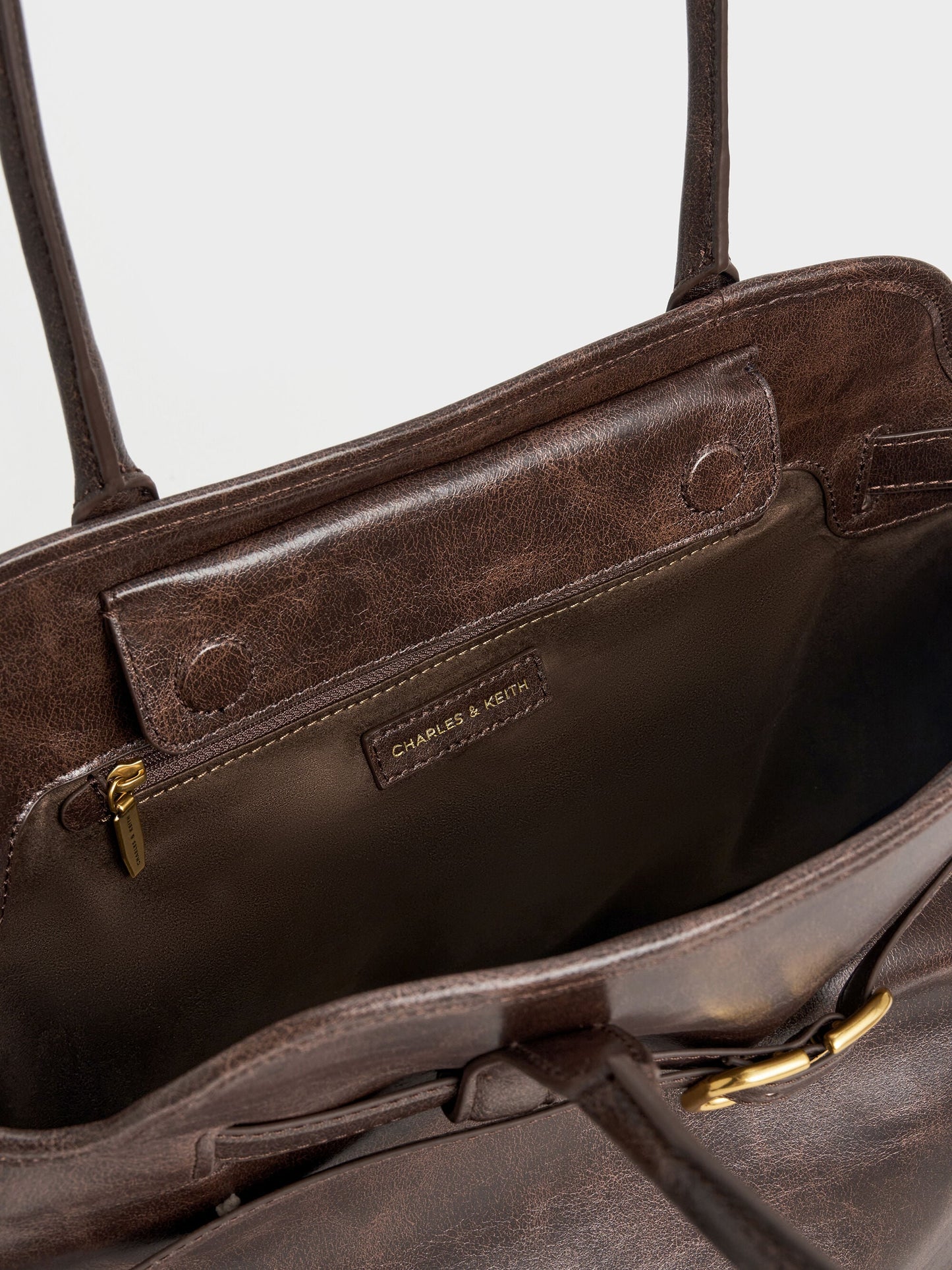 Victoria Belted Tote Bag - Distressed Coffee | CHARLES & KEITH