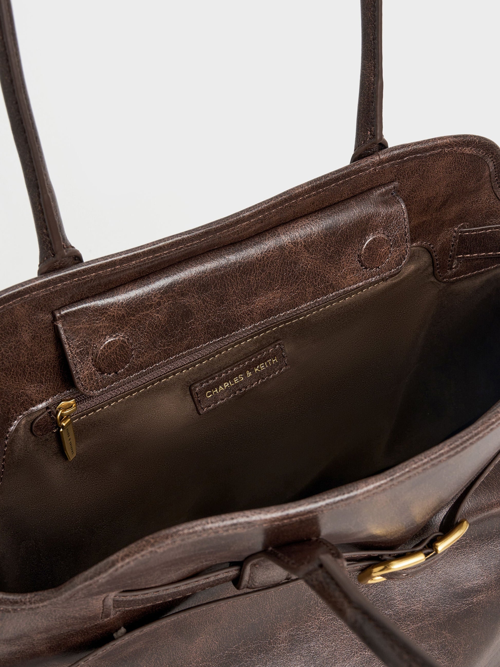 Victoria Belted Tote Bag - Distressed Coffee | CHARLES & KEITH